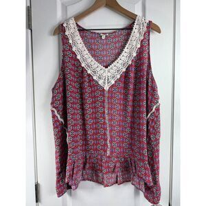 Eyeshadow Women's Sleeveless Top Boho Multicolor Print Crochet Lace Size 2X